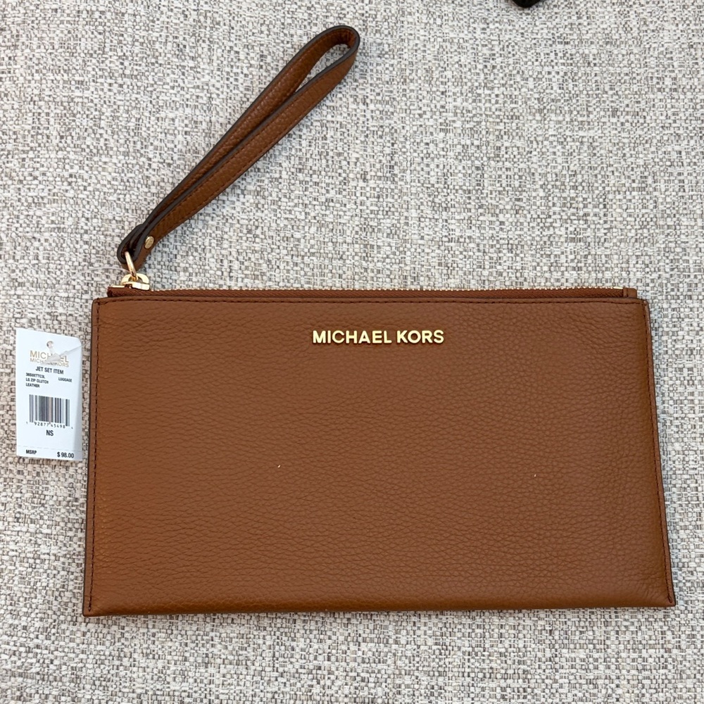 Michael Kors Cognac Brown Pebbled Leather Wristlet Clutch